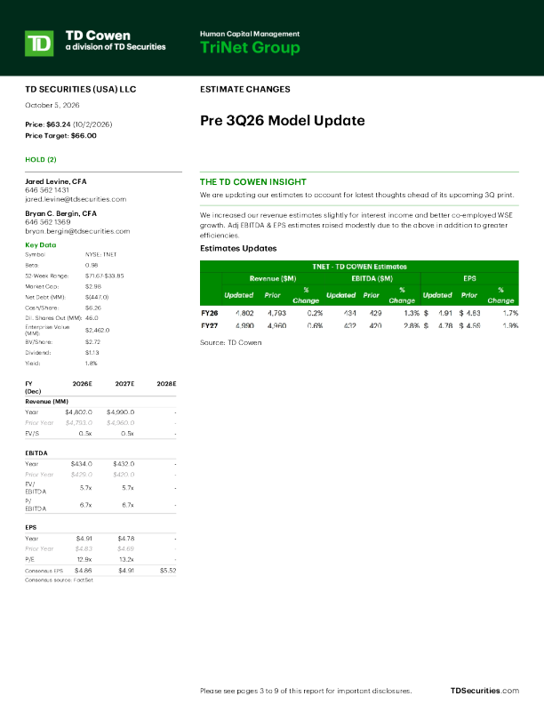 人力资本管理：TriNet Group 3Q26模型更新前