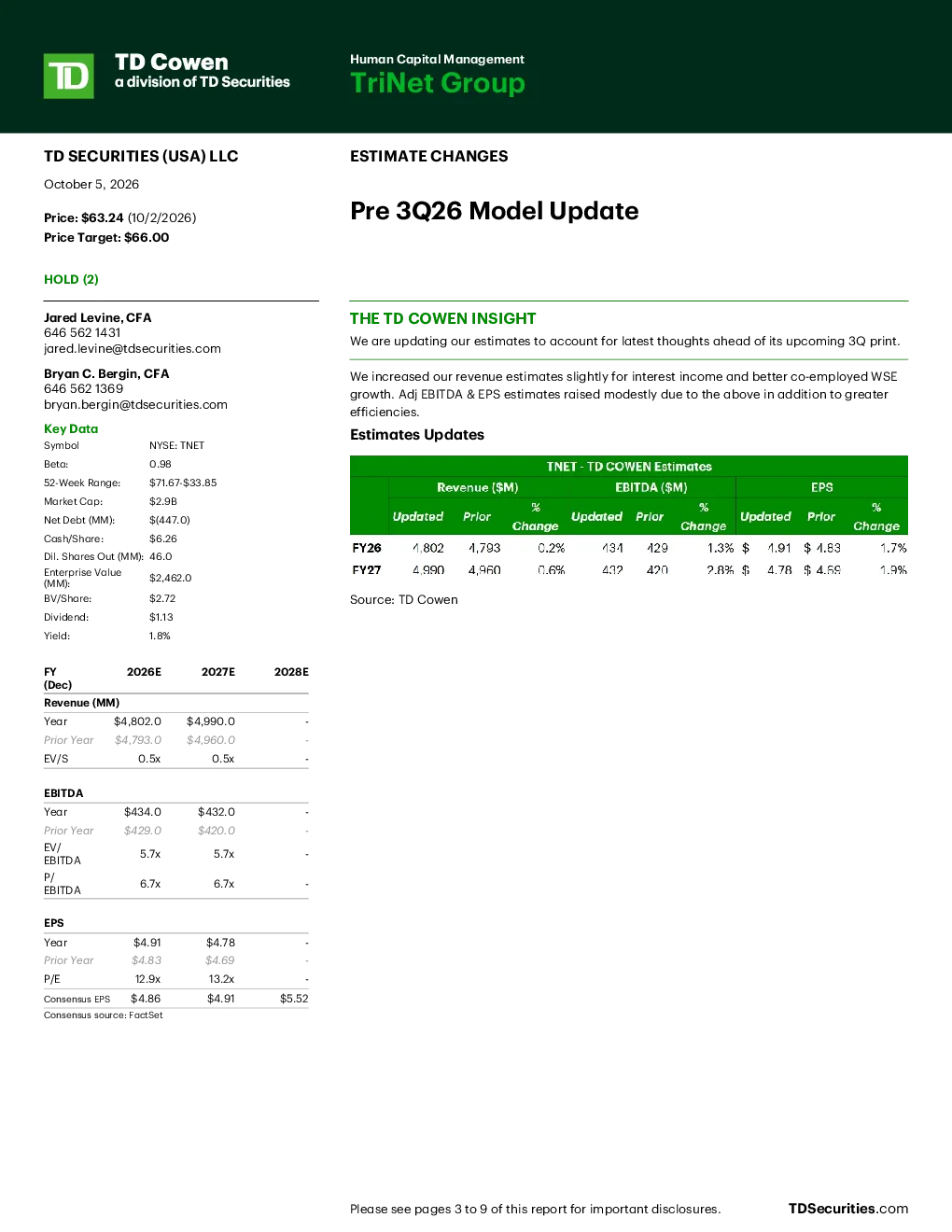 人力资本管理：TriNet Group 3Q26模型更新前