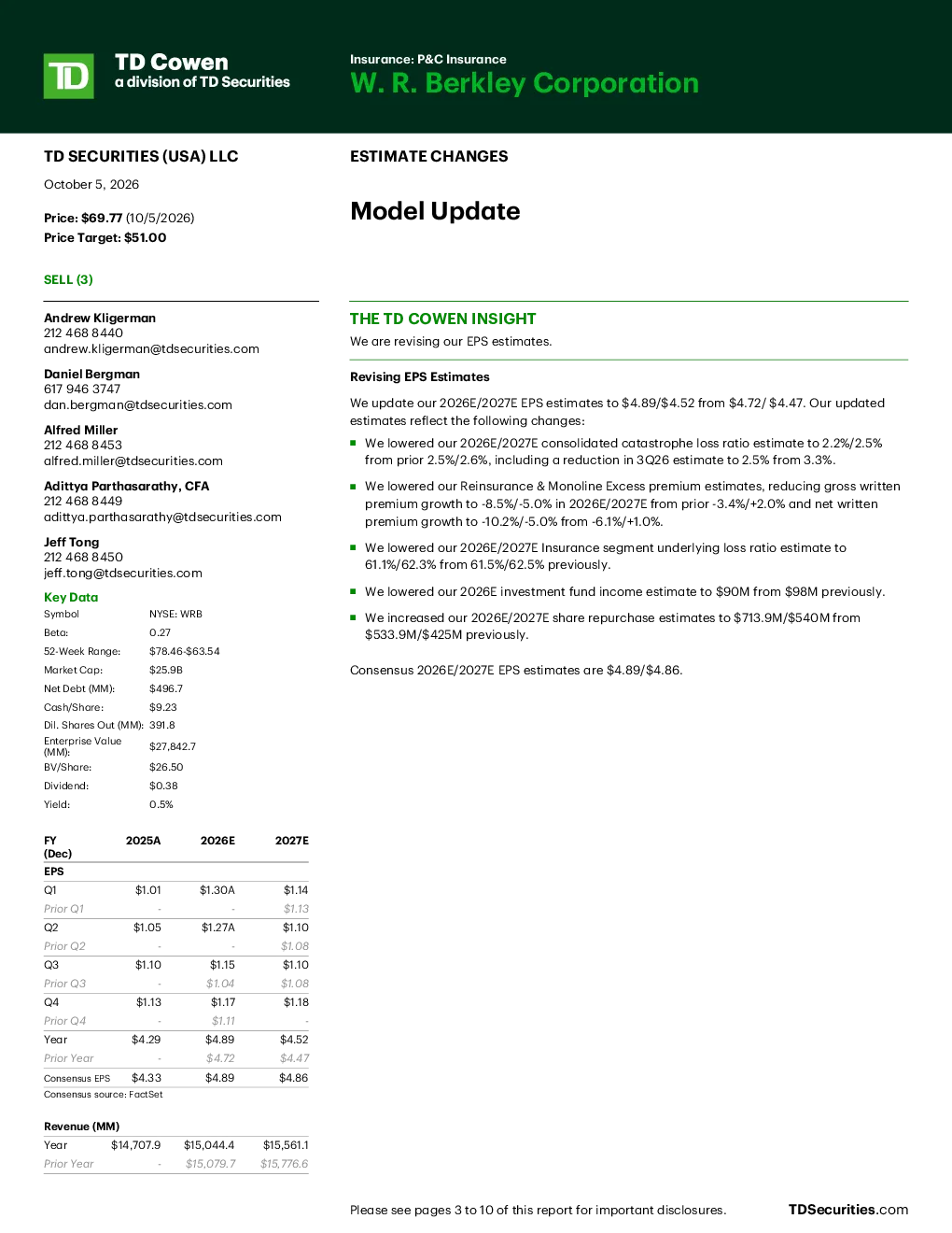 W.R. Berkley Corporation EPS预测更新