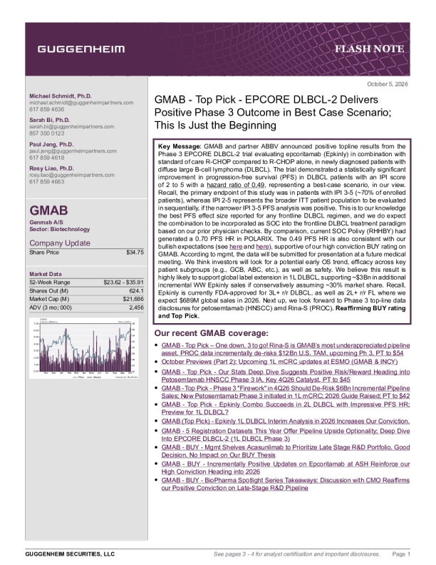 GMAB - Top Pick - EPCORE DLBCL-2 在最佳情况下提供积极的III期结果；这只是开始