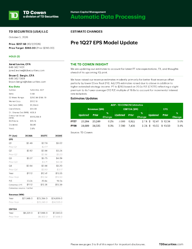 人力资源管理：Automatic Data Processing 预 1Q27 EPS 模型更新