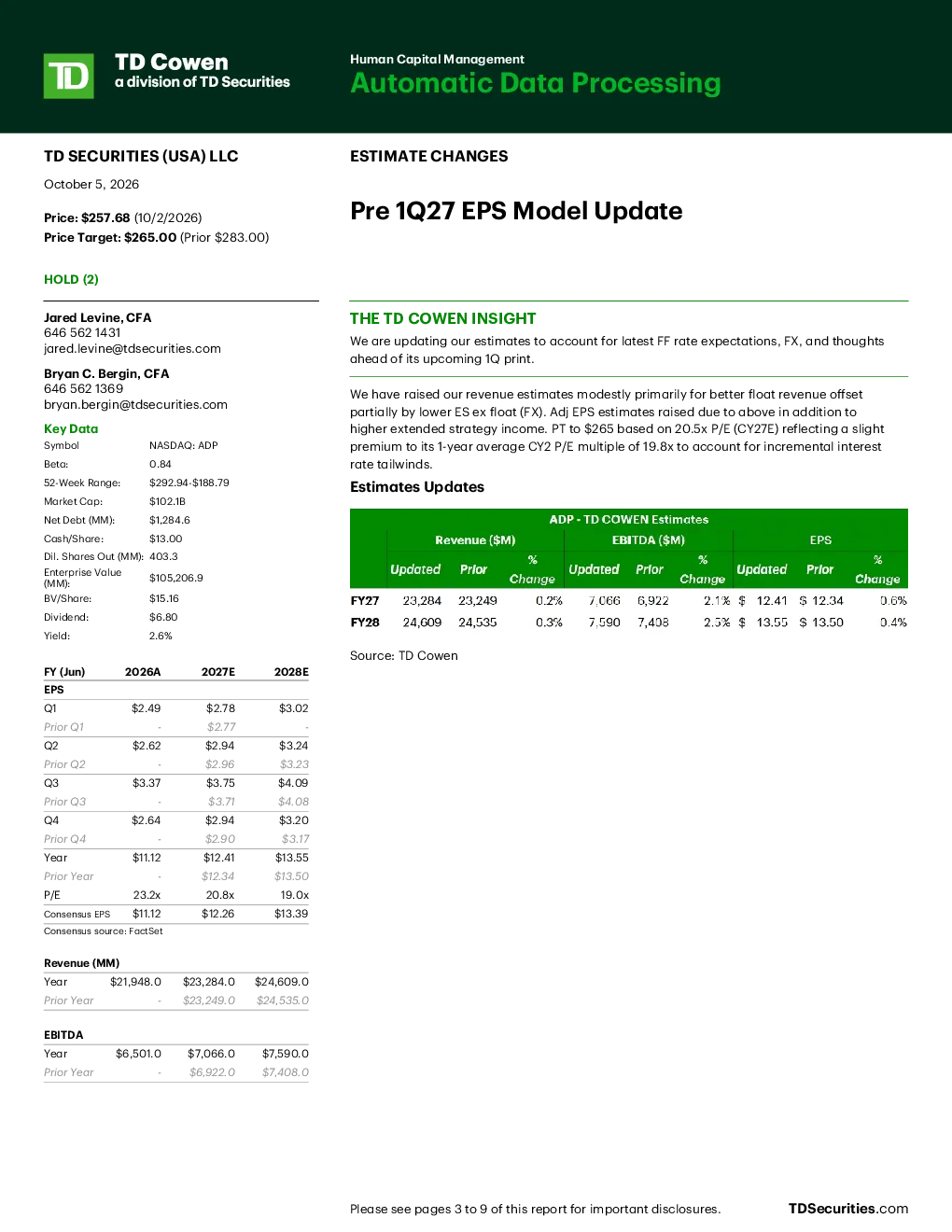 人力资源管理：Automatic Data Processing 预 1Q27 EPS 模型更新