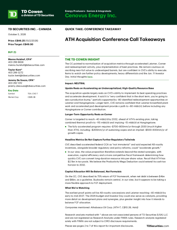 Cenovus Energy Inc. ATH收购会议电话纪要