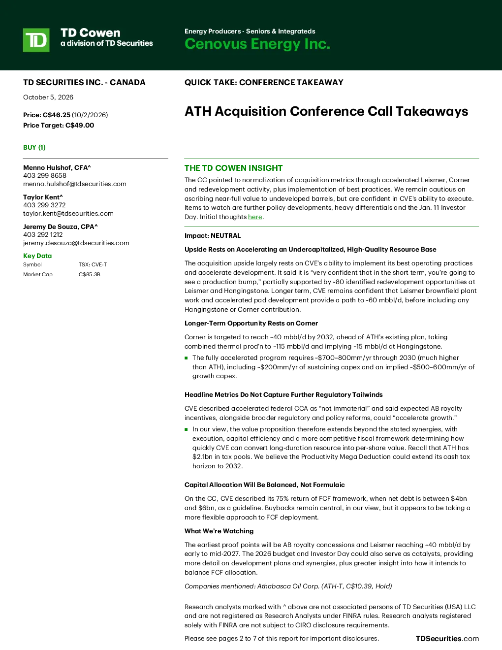 Cenovus Energy Inc. ATH收购会议电话纪要