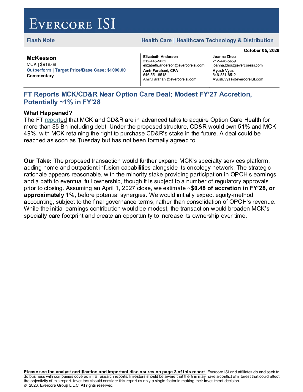 Evercore ISI：MCK与CD&R接近达成收购Option Care Deal，2027年适度增厚，2028年或达约1%