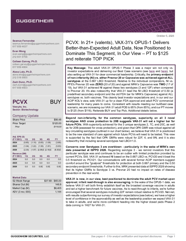 PCVX：VAX-31的OPUS-1提供优于预期的成人数据，或主导该细分领域，目标价至125美元