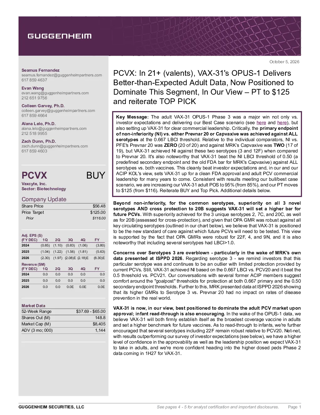PCVX：VAX-31的OPUS-1提供优于预期的成人数据，或主导该细分领域，目标价至125美元