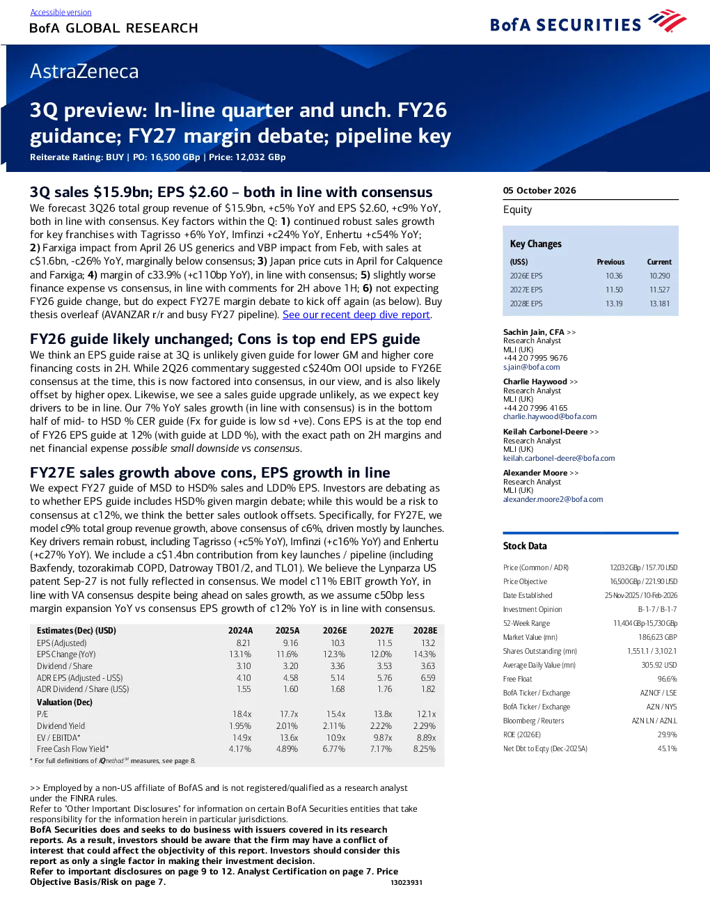 AstraZeneca 3Q前瞻:线内季度及FY26指引；FY27利润率讨论；管线关键
