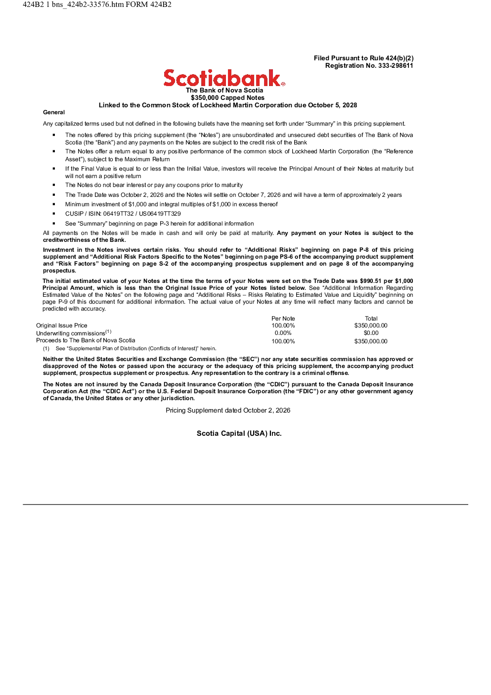 丰业银行美股招股说明书(2026-10-06版)