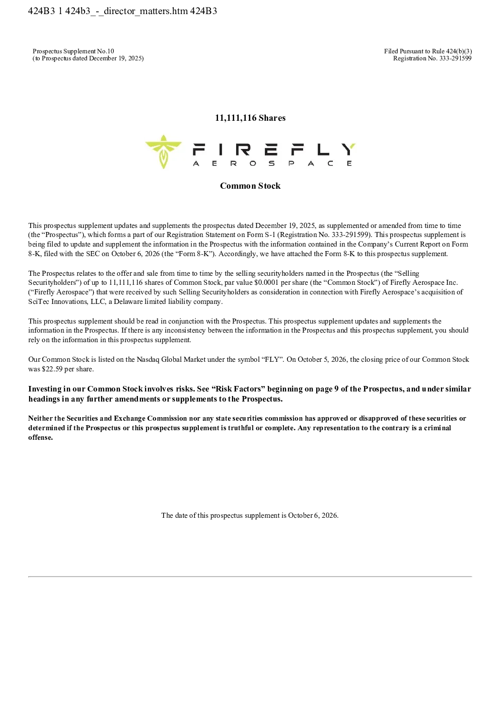 Firefly Aerospace美股招股说明书(2026-10-06版)