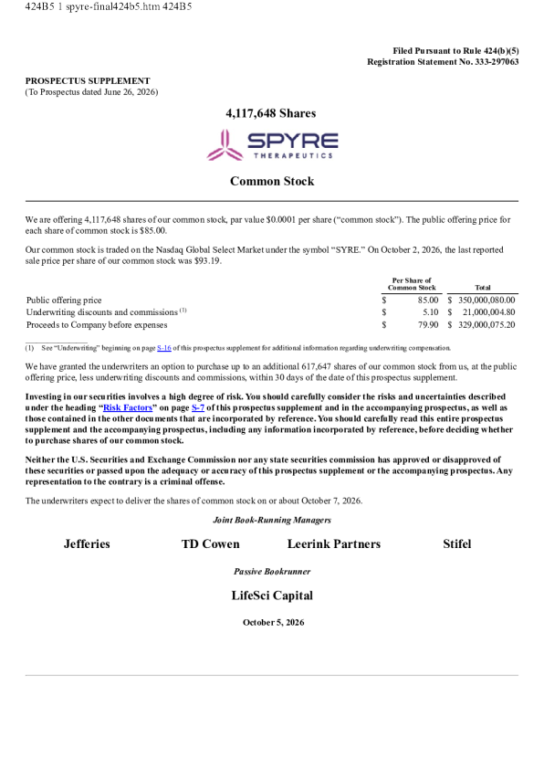 Spyre Therapeutics Inc美股招股说明书(2026-10-06版)