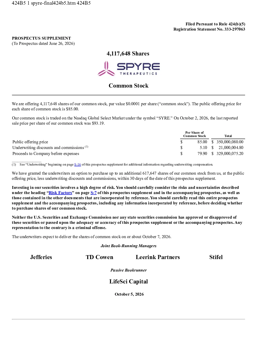Spyre Therapeutics Inc美股招股说明书(2026-10-06版)