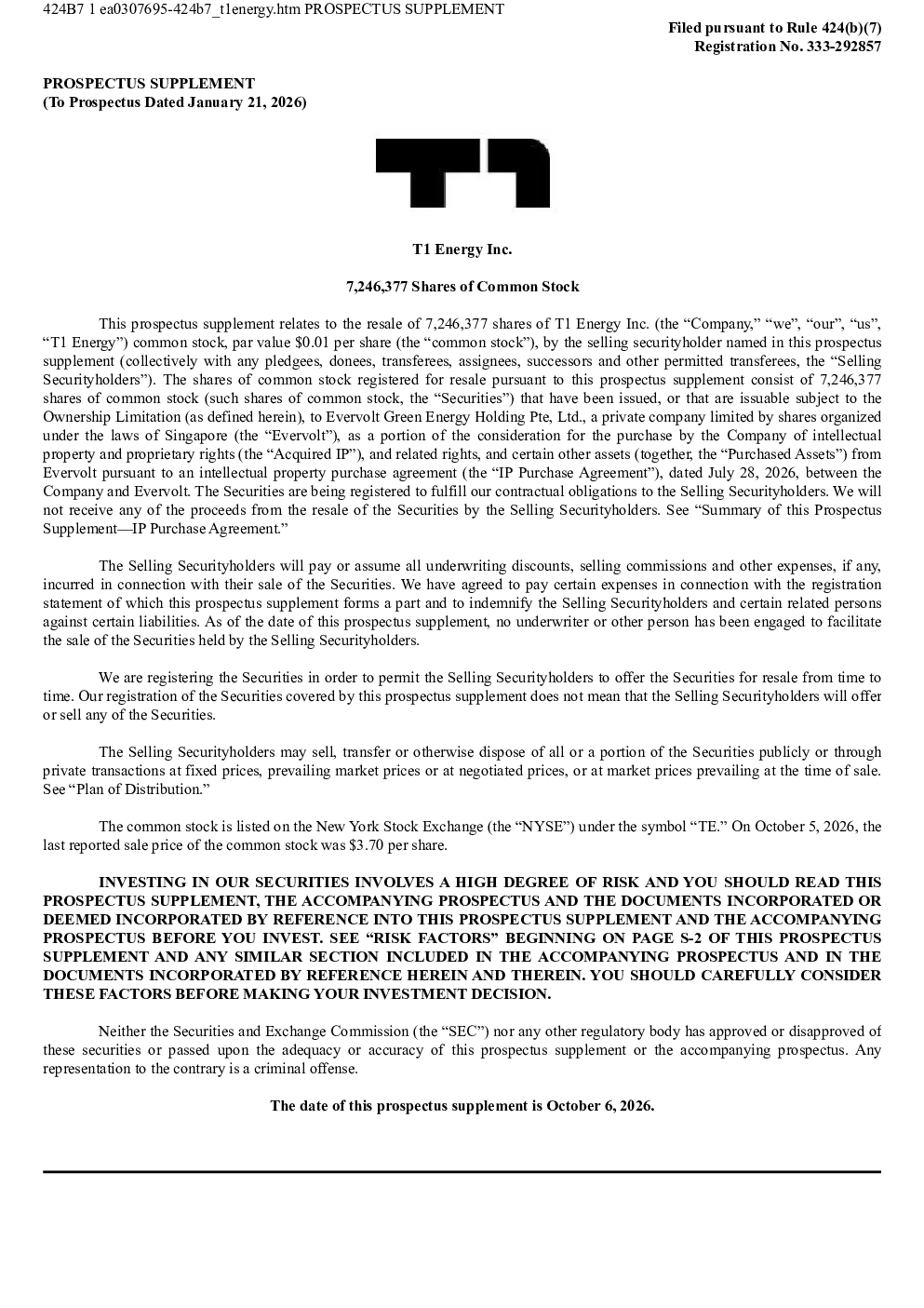 T1 Energy美股招股说明书(2026-10-06版)