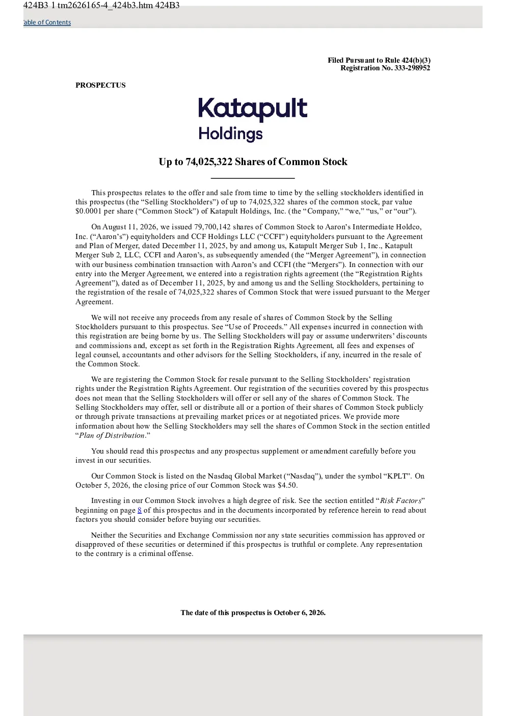 Katapult Holdings Inc美股招股说明书(2026-10-06版)