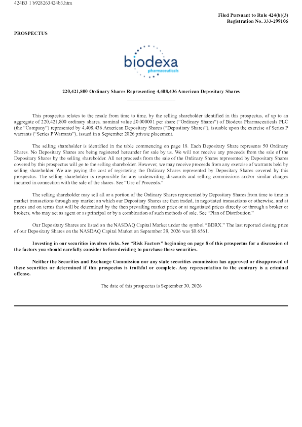 
Biodexa Pharmaceuticals PLC 美股存托凭证招股说明书（2026-10-06版）