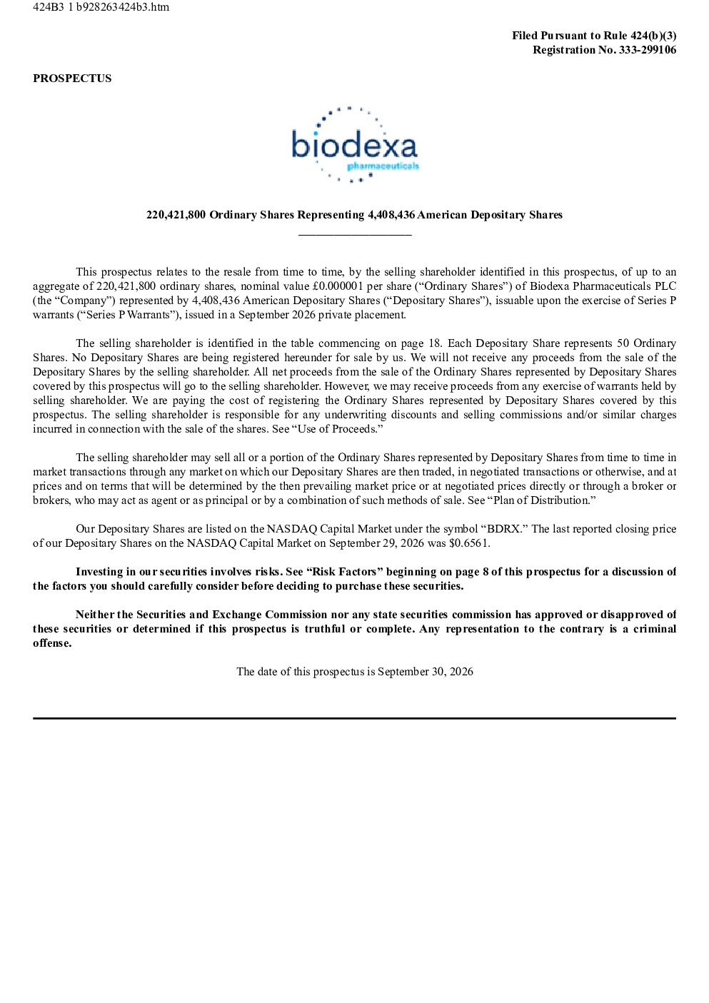 
Biodexa Pharmaceuticals PLC 美股存托凭证招股说明书（2026-10-06版）
