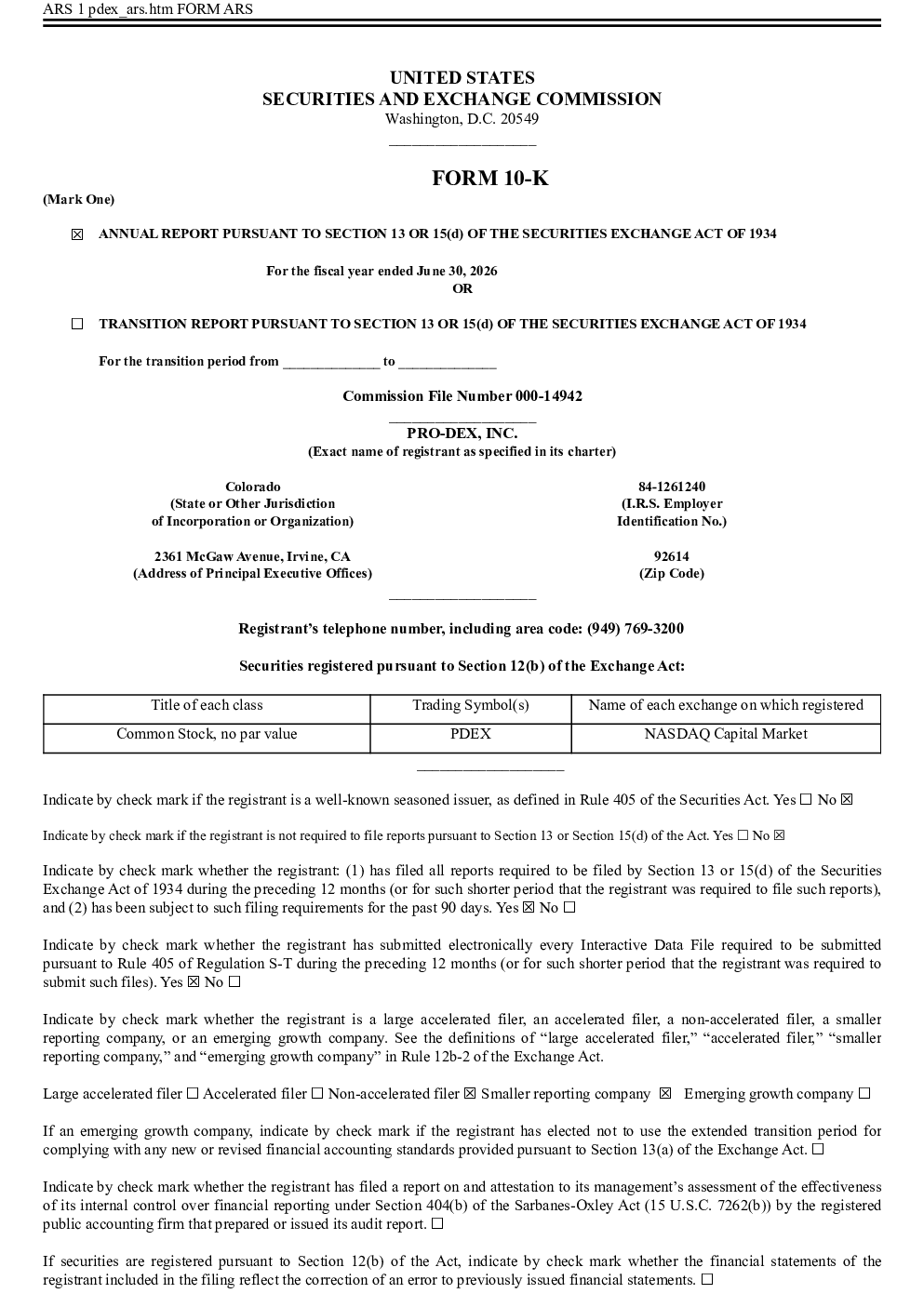 
Pro-Dex Inc 2025年度报告