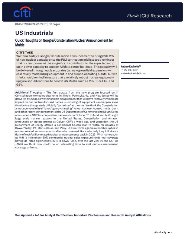 美国工业：谷歌与Constellation核电公告速评