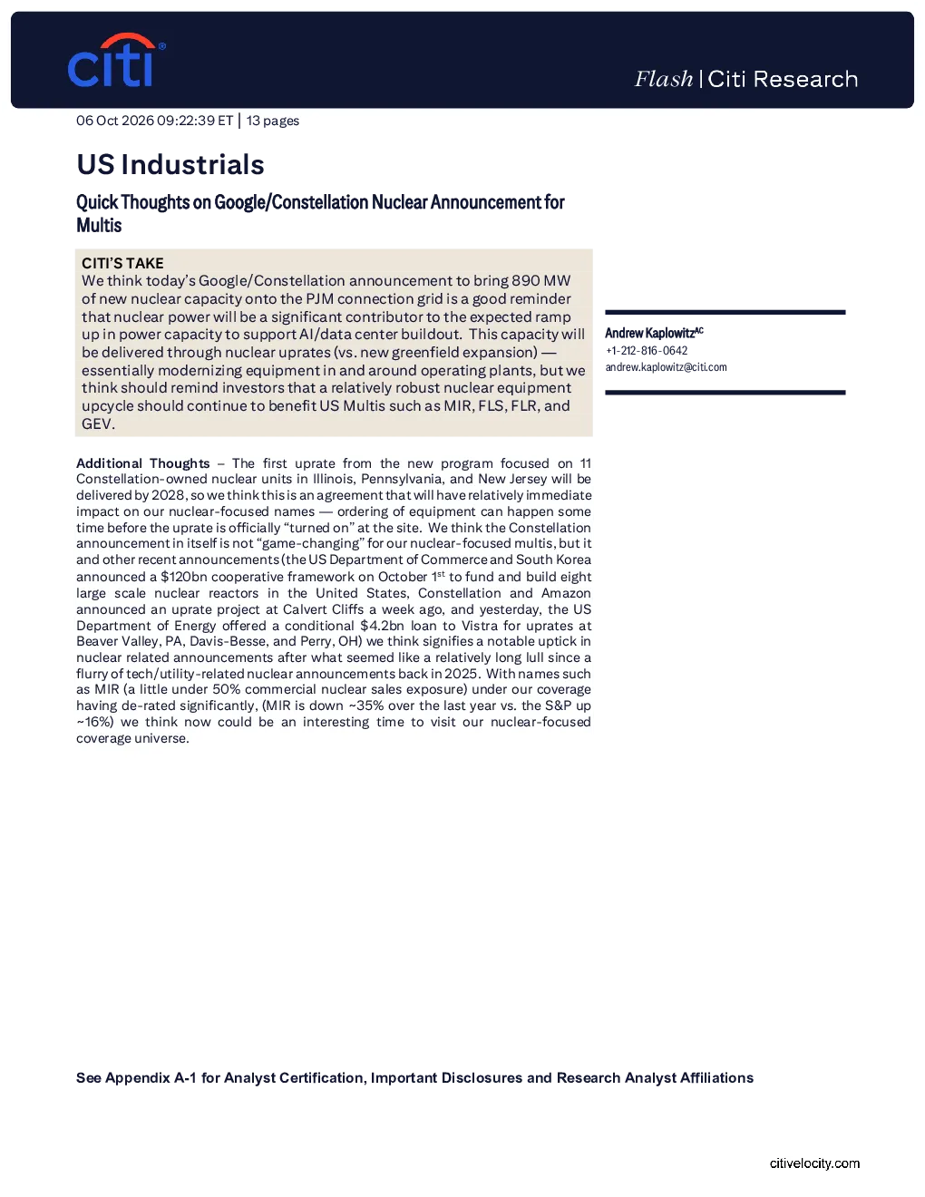 美国工业：谷歌与Constellation核电公告速评