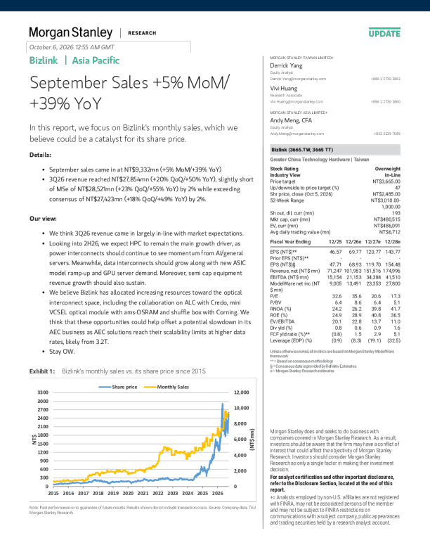 Bizlink：2026年9月营收环比+5%、同比+39%