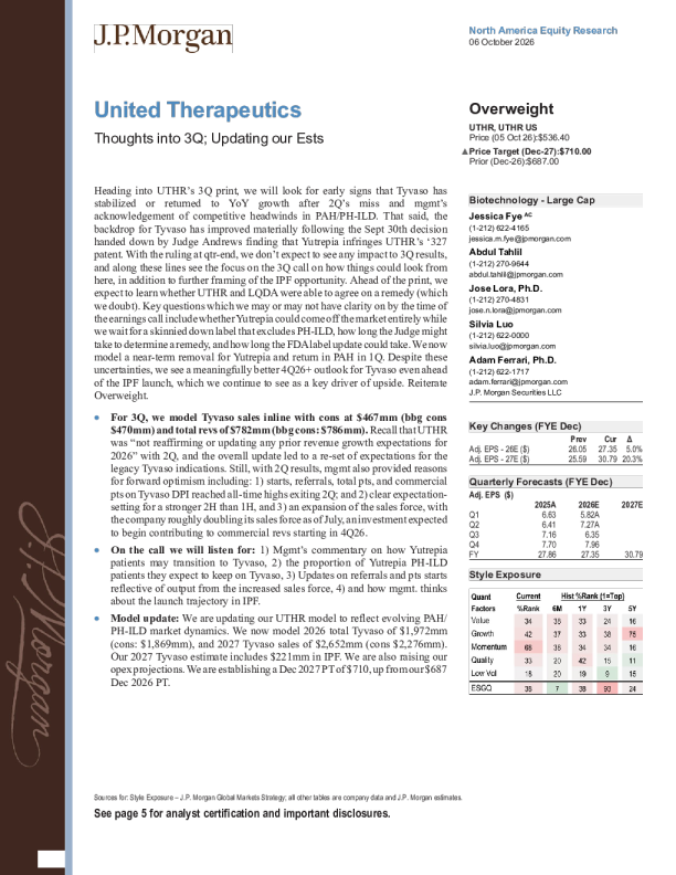 United Therapeutics 3季度展望及盈利预测更新