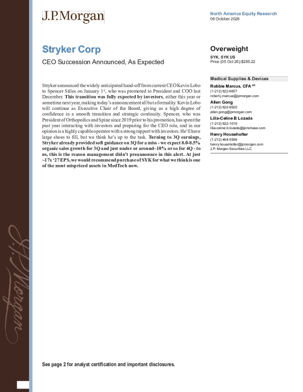 Stryker公司首席执行官继承宣布，如预期