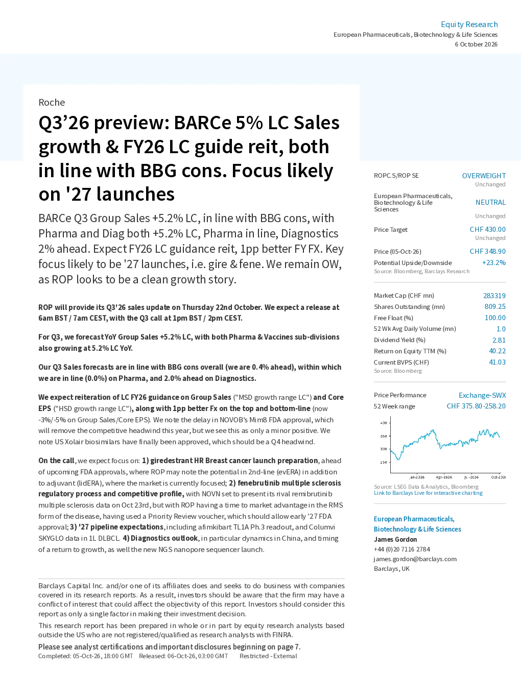 巴克莱_罗氏Q3'26预览：BARCe 5% LC销售增长及FY26 LC指引重申，均符合彭博一致预期，关注2027年产品上市