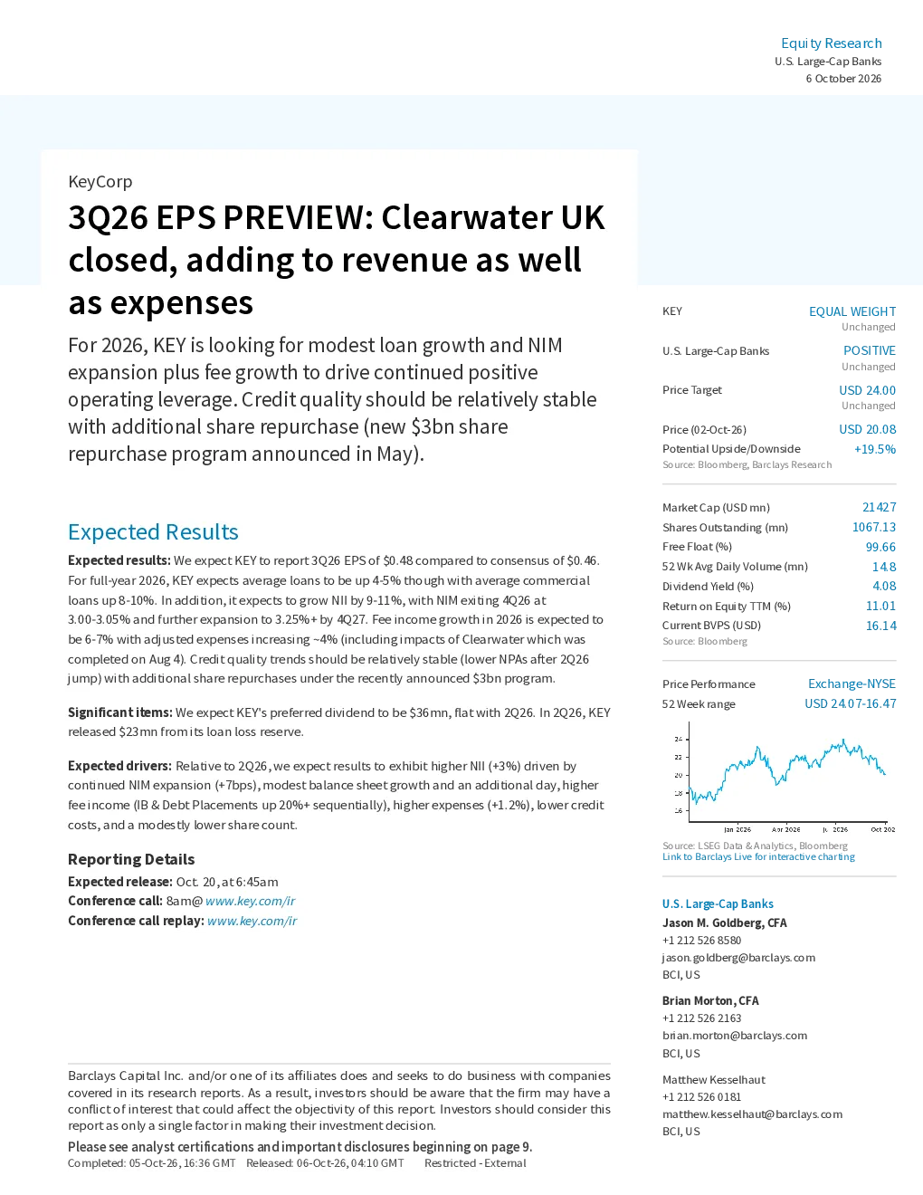 巴克莱_KeyCorp：2026年第三季度每股收益预览：Clearwater英国公司关闭，增收增支