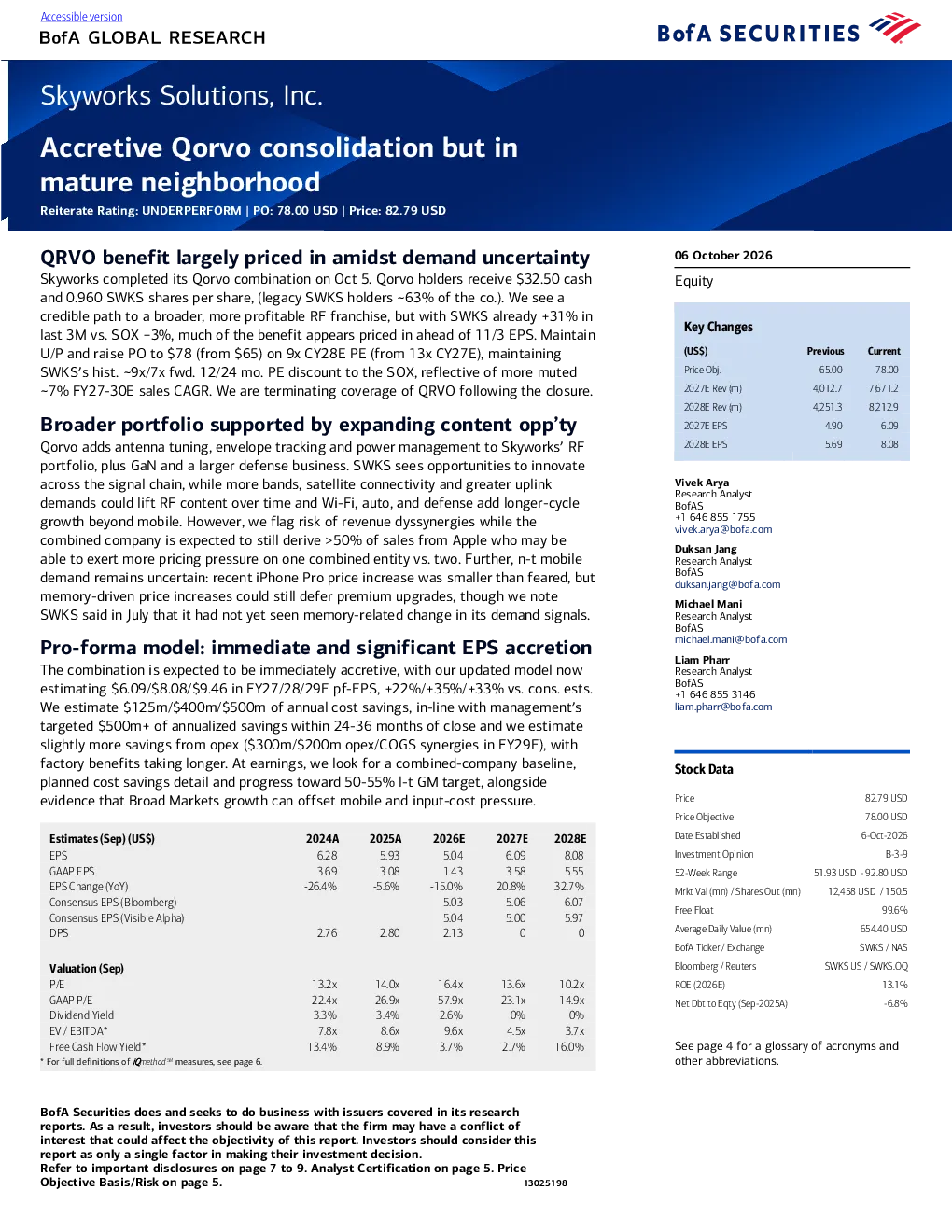 Skyworks Solutions, Inc.：Qorvo合并具增值性但处于成熟行业