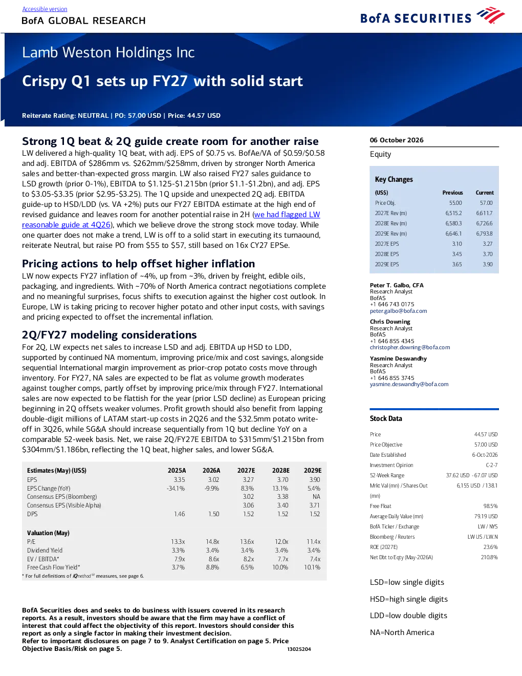 美国银行_Lamb Weston控股公司 Crispy Q1 启动FY27 向好开局