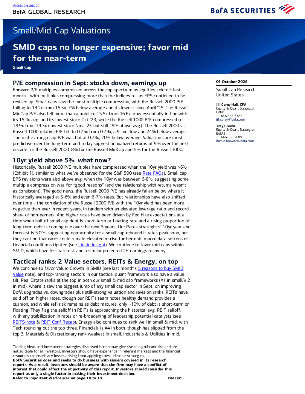 Small/Mid-Cap Valuations：SMID类股不再昂贵，近期偏好中期标的