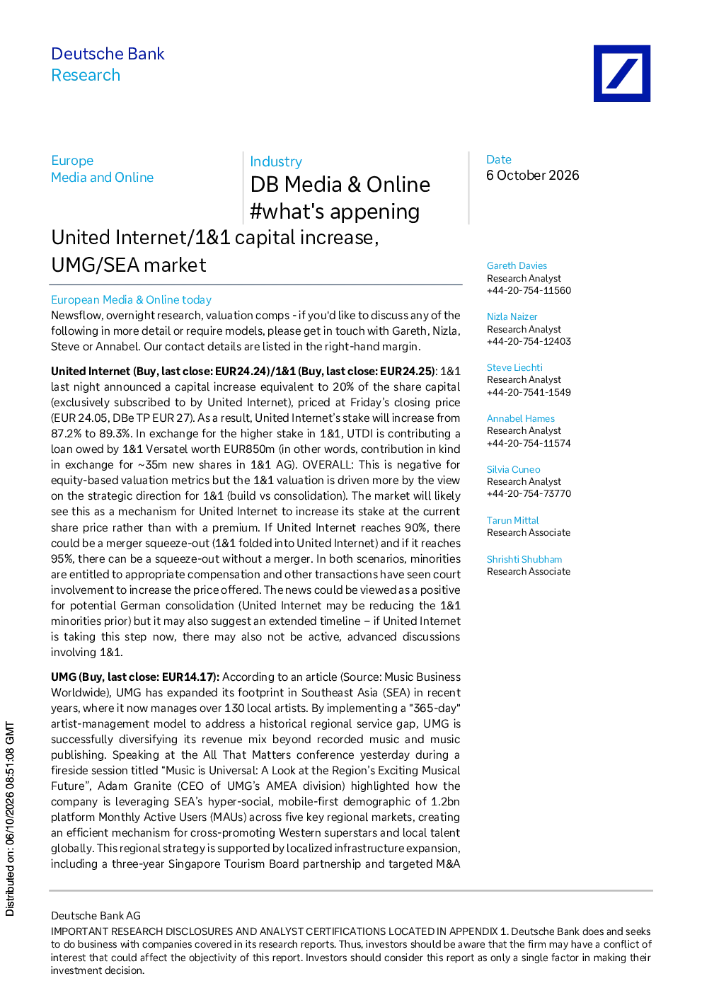 欧洲媒体与在线行业：United Internet/1&1资本增加、UMG/SEA市场