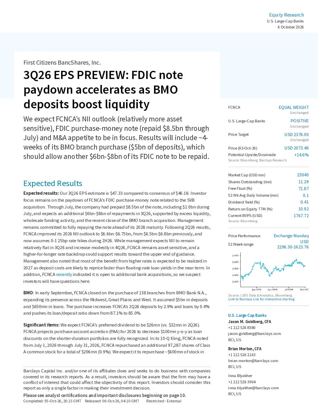 巴克莱_第一公民BancShares股份有限公司：2026年第三季度EPS预览：BMO存款提振流动性，FDIC注付款加速