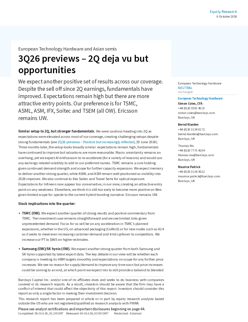 欧洲技术硬件及亚洲半导体：2026年第三季度预览——与第二季度类似但存在机会