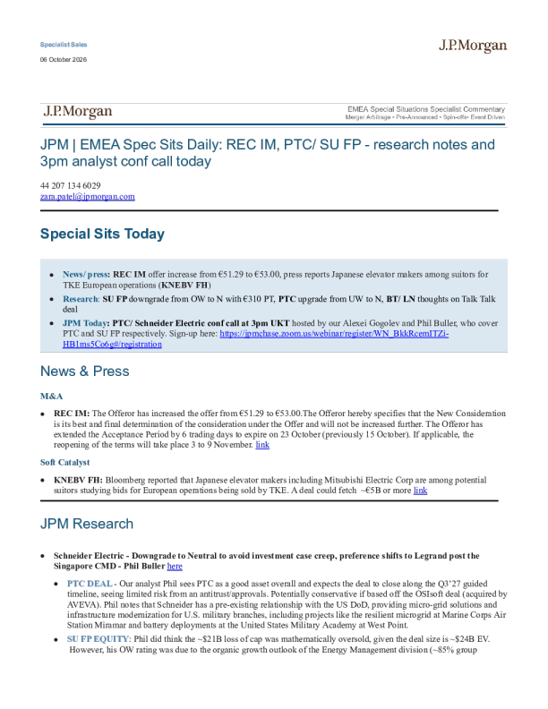 JPM EMEA特殊情形日报：REC IM、PTC、SU FP相关研究笔记及今日下午3点分析师电话会议