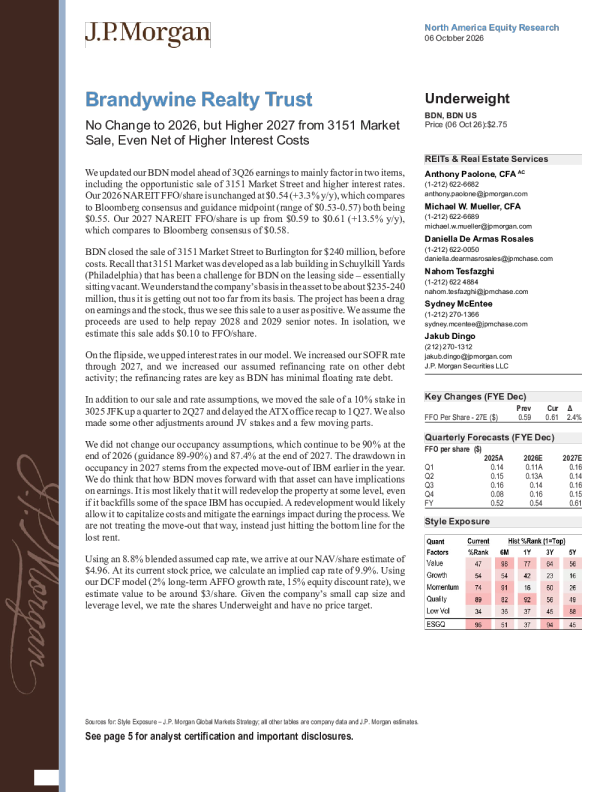 Brandywine Realty Trust：2026年无变动，3151市场销售带动2027年更高（扣除更高利息成本后仍具吸引力）