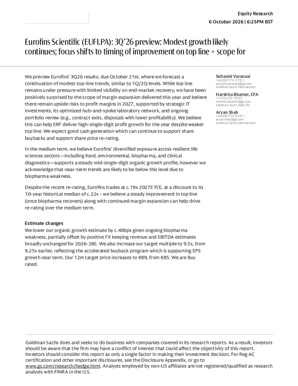 Eurofins Scientific(EUFI.PA)2026年第三季度预览：或继续适度增长；重点转向顶线改进时间及空间