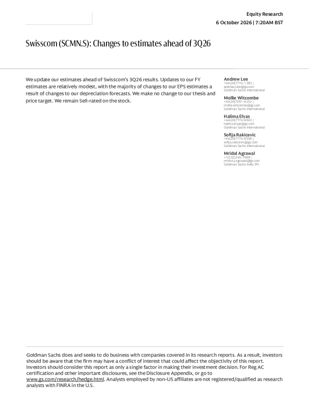 Swisscom (SCMN.S) 3Q26前的估计数变动