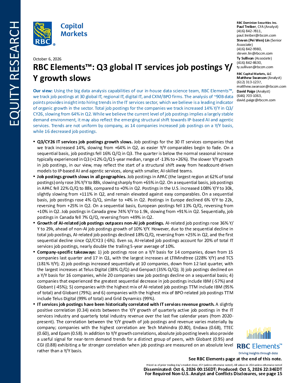 RBC Elements™：2026年第三季度全球IT服务职位发布同比增长放缓