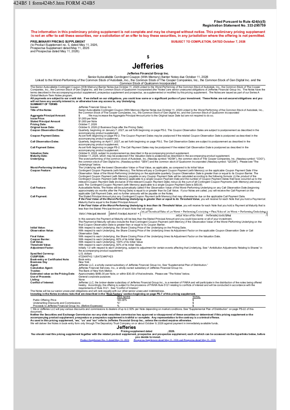 Jefferies Financial Group Inc美股招股说明书(2026-10-07版)
