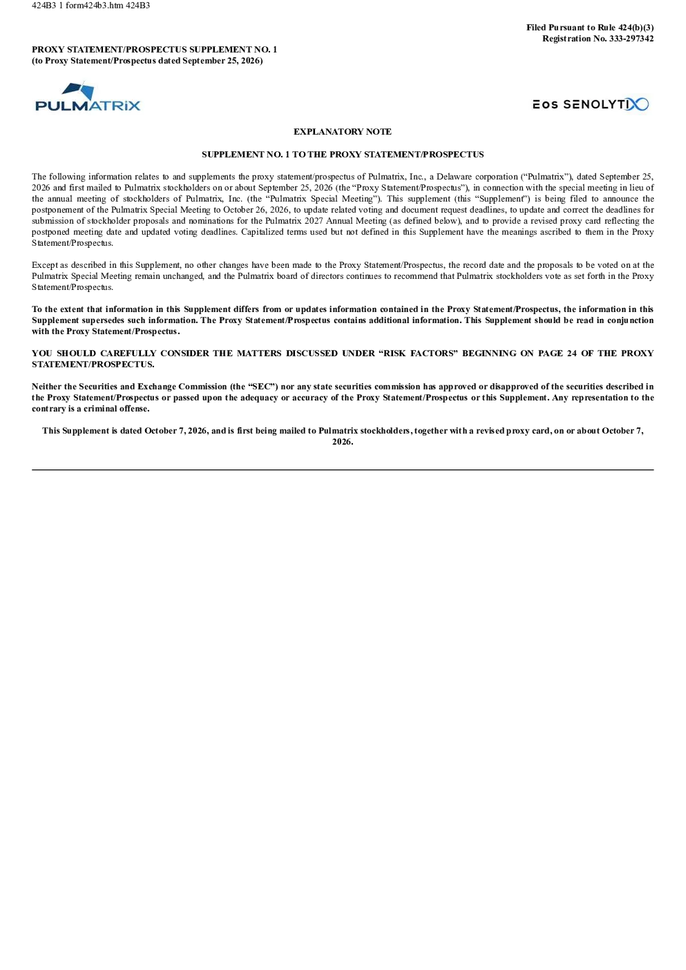 Pulmatrix Inc美股招股说明书(2026-10-07版)