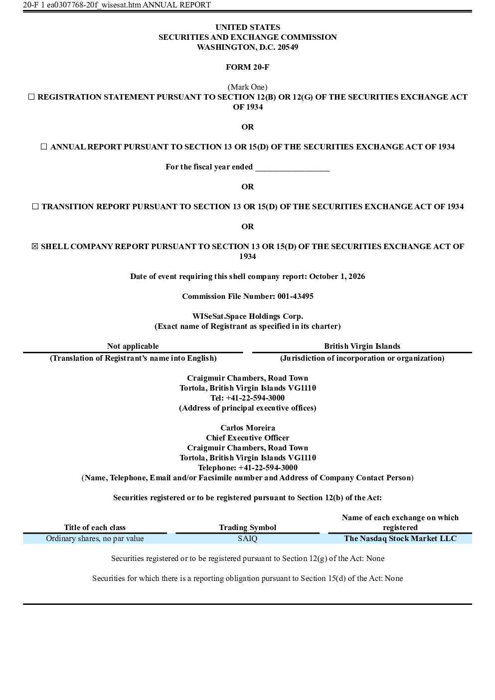 WISeSat.Space Holdings Corp 2026年年度报告和过渡报告