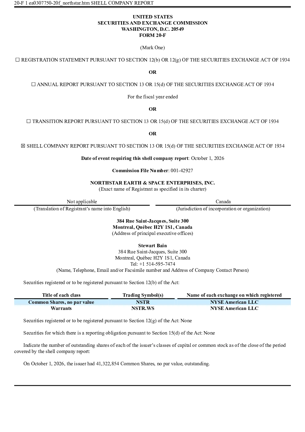 NorthStar Earth & Space Enterprises, Inc 2026年年度报告和过渡报告