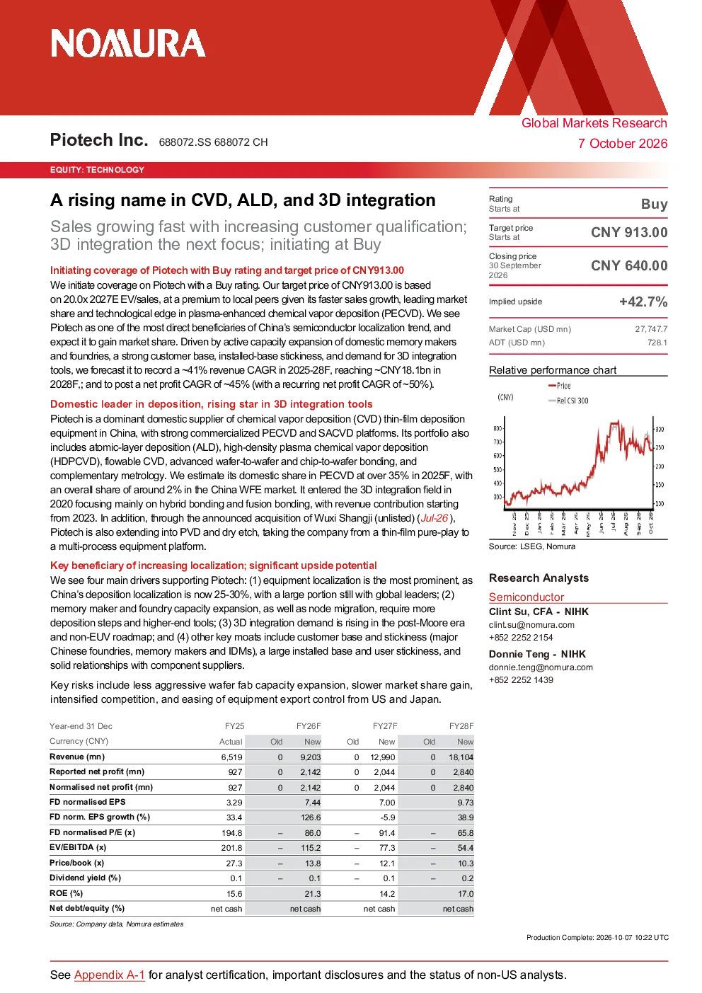 Piotech Inc.（688072.SS）覆盖：半导体设备领域CVD、ALD及3D集成的新锐代表