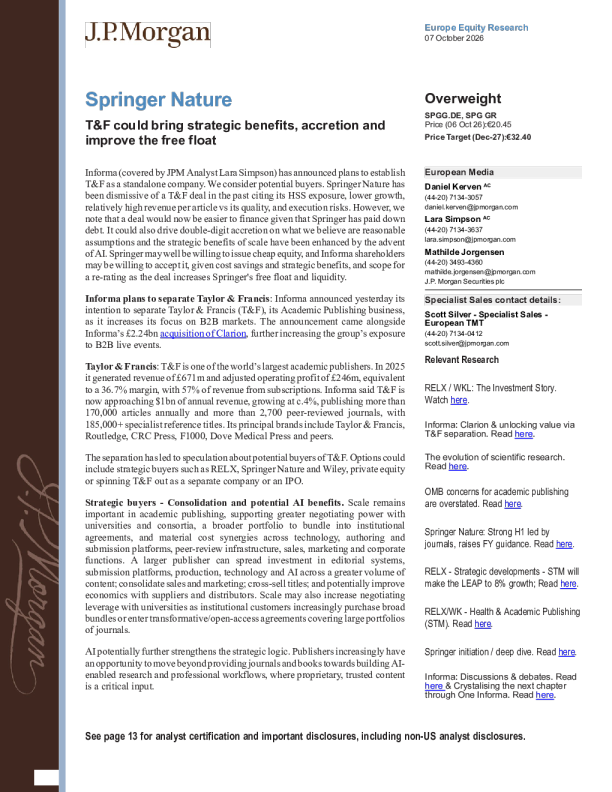 Springer Nature：T&F可带来战略效益、收益增加及自由流通股改善