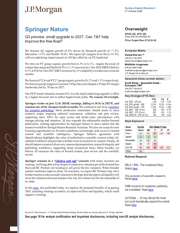 Springer Nature第三季度预览，小幅上调2027年预期：T&F能否改善自由流通股