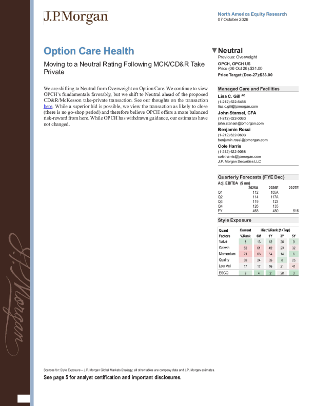 摩根大通：OptiCare Health在MCK/CD&R收购后给予中立评级