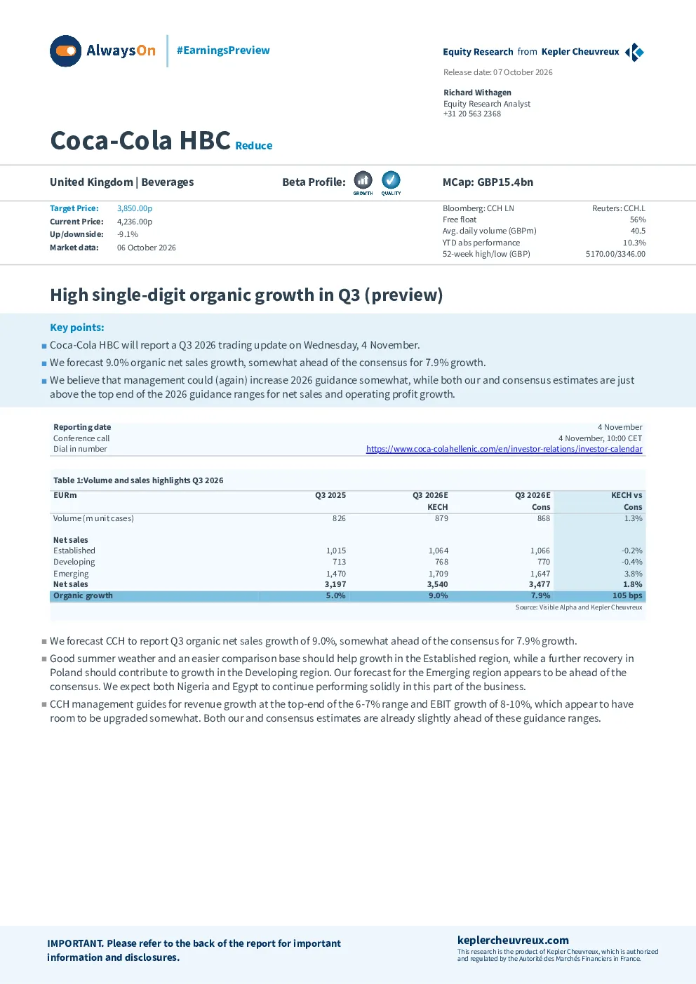 可口可乐赫伯Q3有机增长预览 目标价3850便士