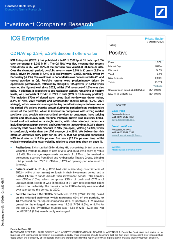 ICG Enterprise-Q2 NAV上涨3.3%;约35%的折价提供投资价值
