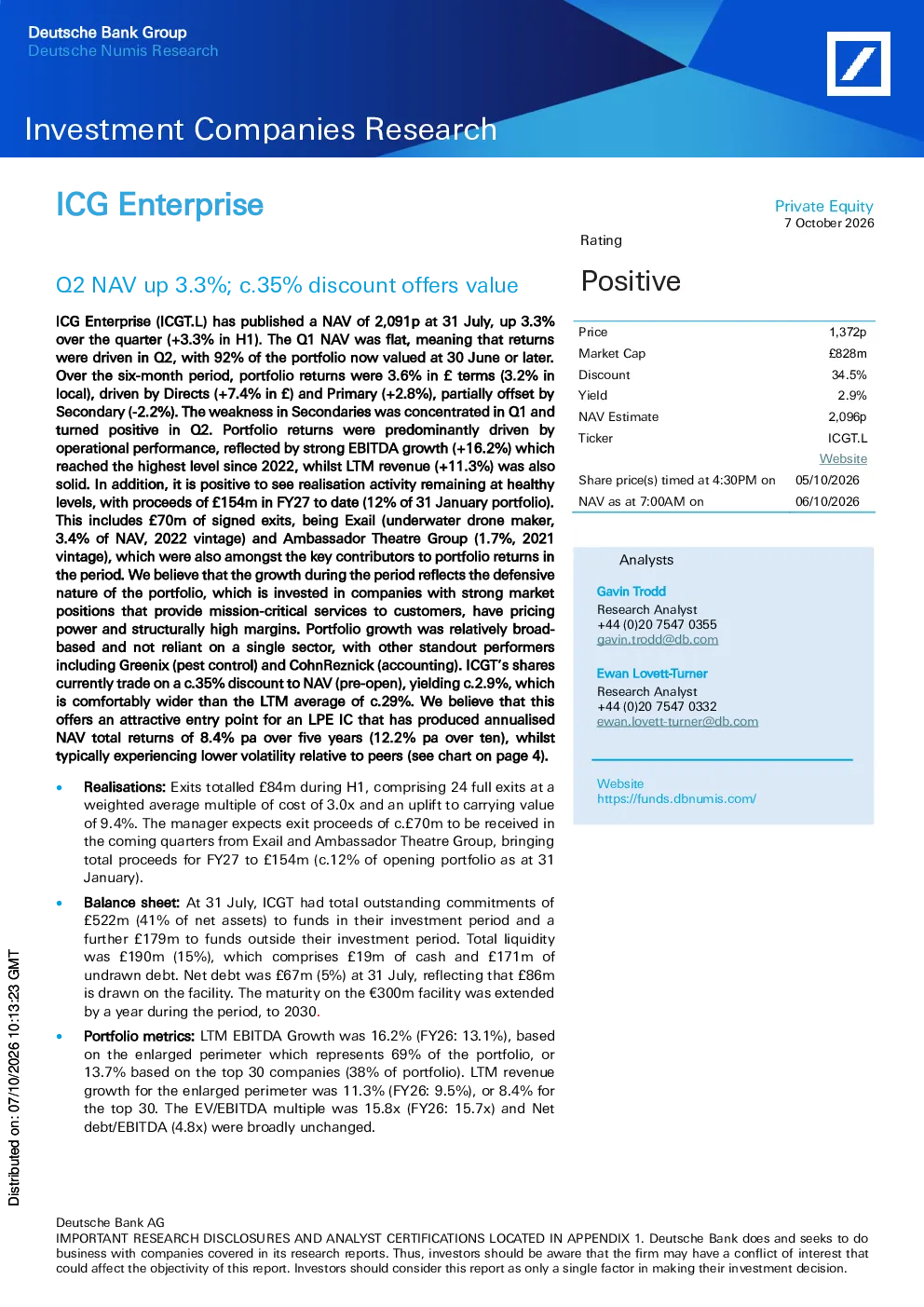 ICG Enterprise-Q2 NAV上涨3.3%;约35%的折价提供投资价值